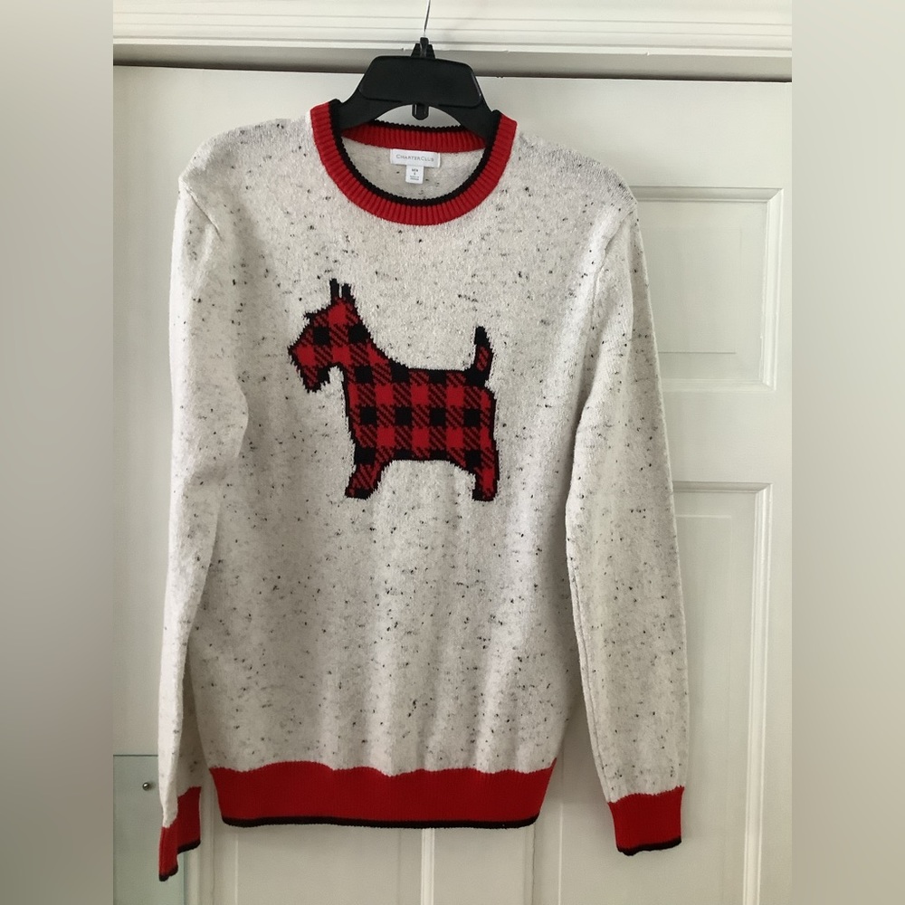 Mens white tweed sweater with dog design on front